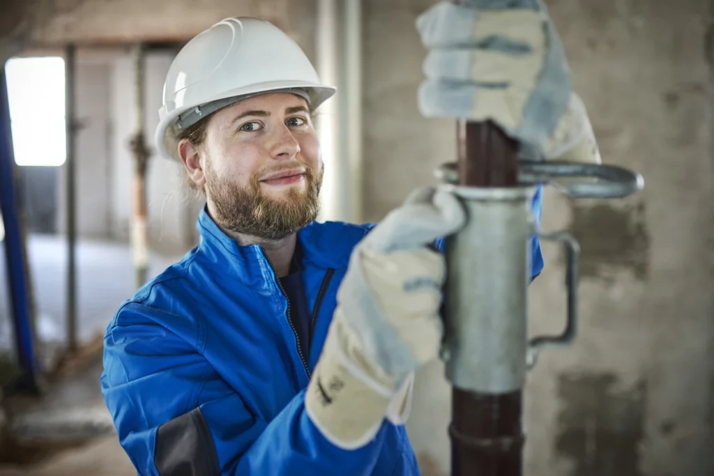 Bauarbeiter mit Helm und Schutzhandschuhen befestigt Bauteil – Einhaltung der Arbeitsschutzvorschriften auf Baustellen.