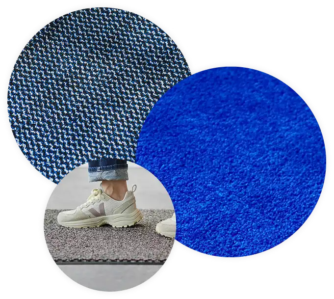 Detailansichten von Schmutzfangmatten mit robuster Faserstruktur, saugfähiger Oberfläche und Einsatz im Eingangsbereich