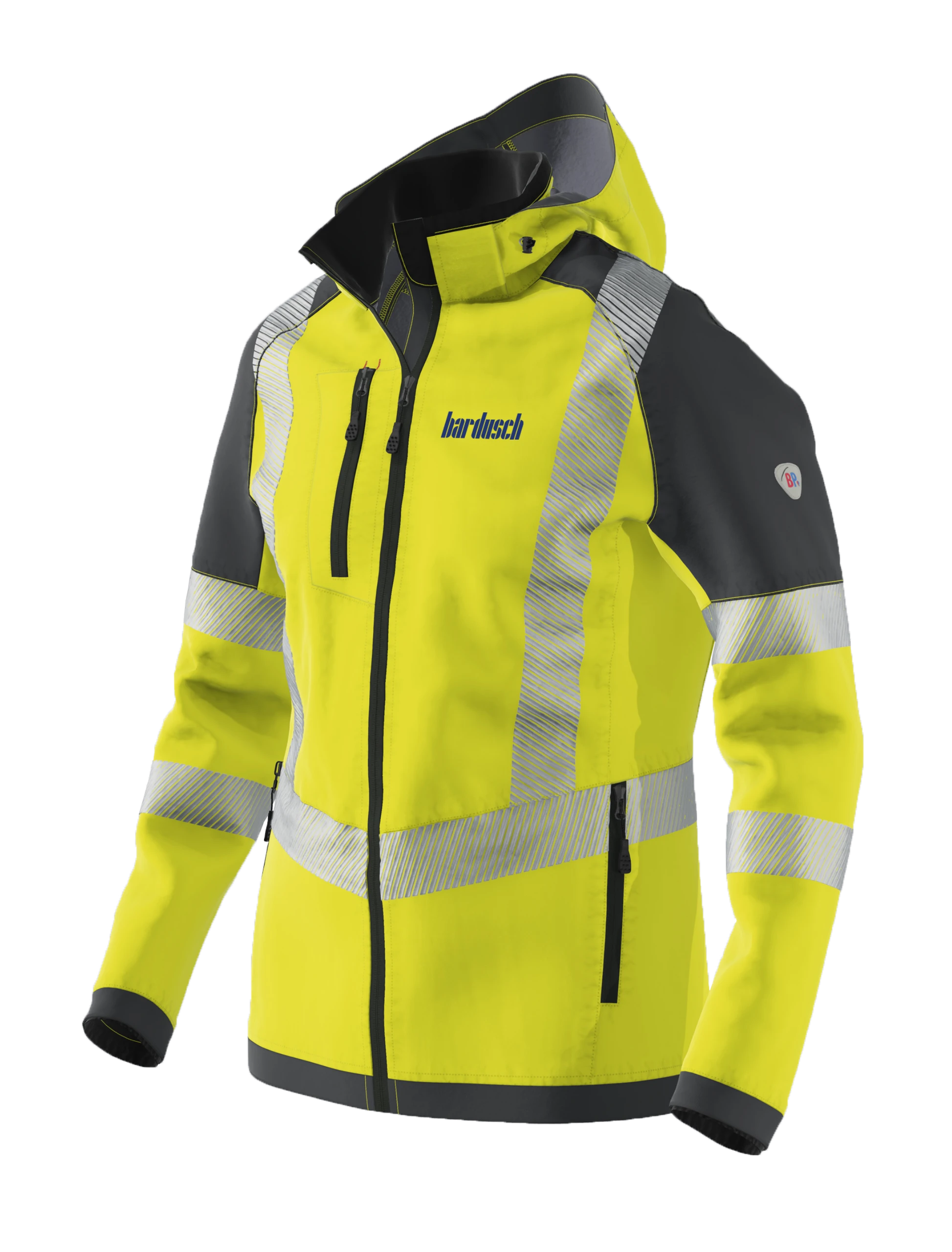 Warnschutzjacke mit aufgebrachtem Firmenlogo als Beispiel für Emblemveredelung