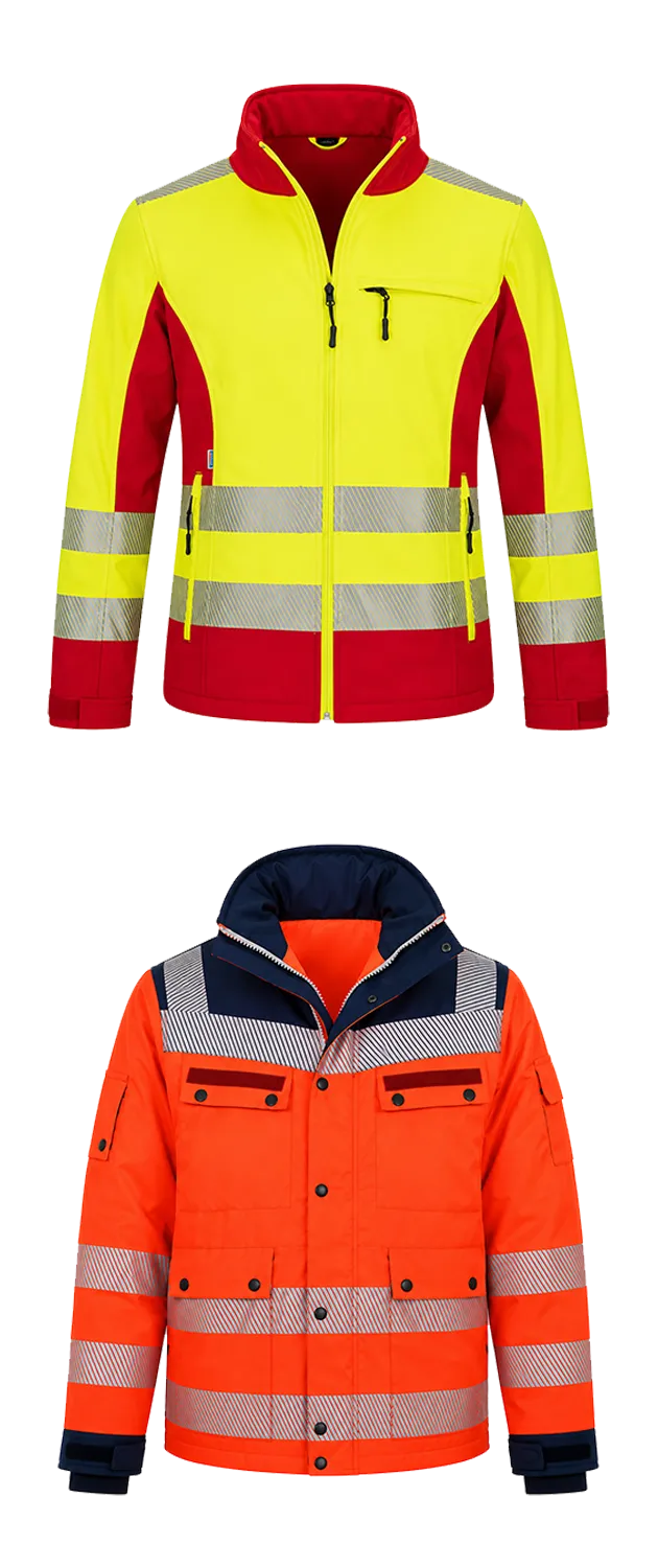 Abbildung zweier Rettungsdienstjacken. Eine gelb rote Rettungsdienstjacke und eine orangefarbene Rettungsdienstjacke.